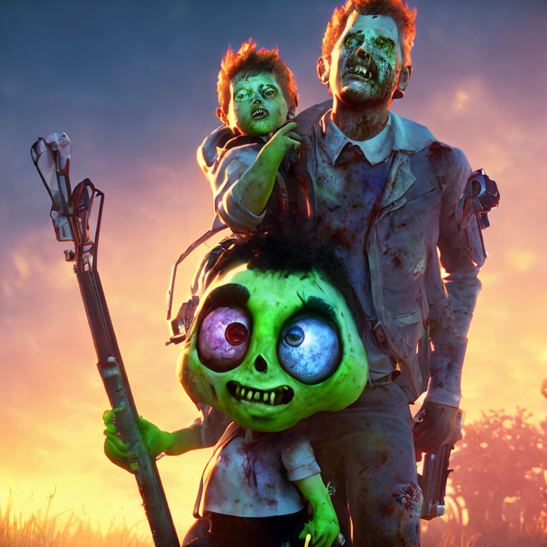 Stylized zombie family illustration at sunset