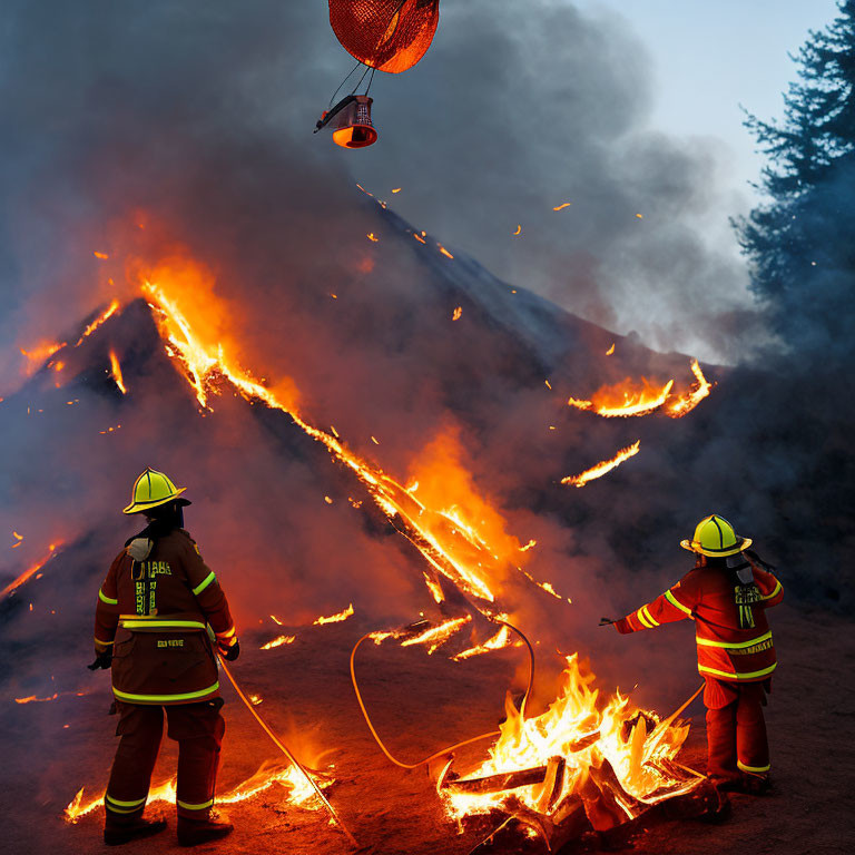 Reflective Gear Firefighters Combat Large Fire with Helicopter Assistance