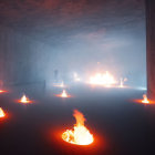 Dimly Lit Room with Fog and Small Fires: Mysterious and Eerie Ambiance