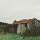 Rustic wooden cabin with tin roof in green landscape under cloudy sky