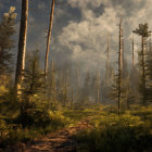 Tranquil forest landscape with tall trees and a deer