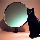 Black cat beside round mirror with shadow and luminous eyes