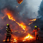 Reflective Gear Firefighters Combat Large Fire with Helicopter Assistance