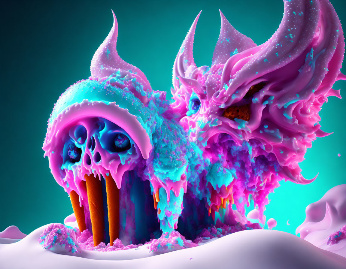 Colorful surreal creature with skull-like features and melting elements in pink and blue.