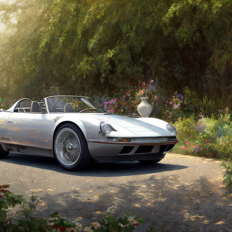 Vintage Convertible Car Parked Among Lush Greenery and Flowers