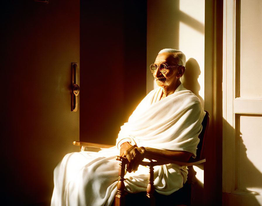 Elderly man in white attire sitting by door in warm sunlight