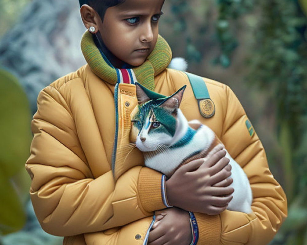 Young boy with dark hair hugging cat in mustard-yellow jacket