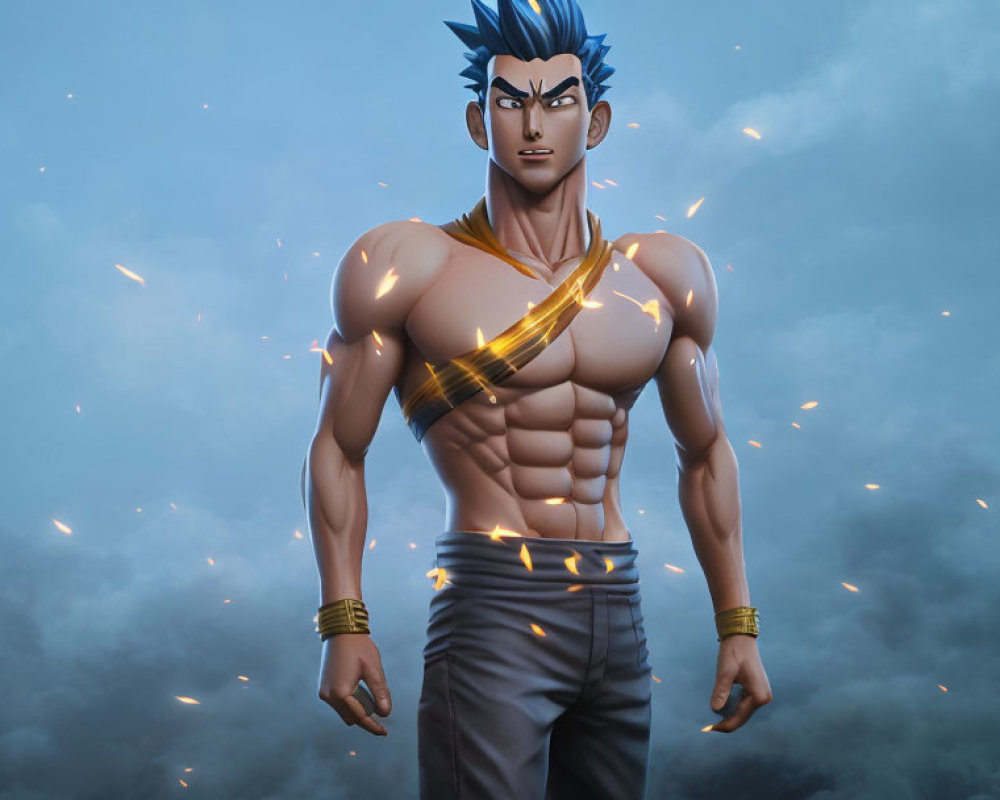 Muscular animated character with blue spiky hair and gold wristbands in cloudy sky.