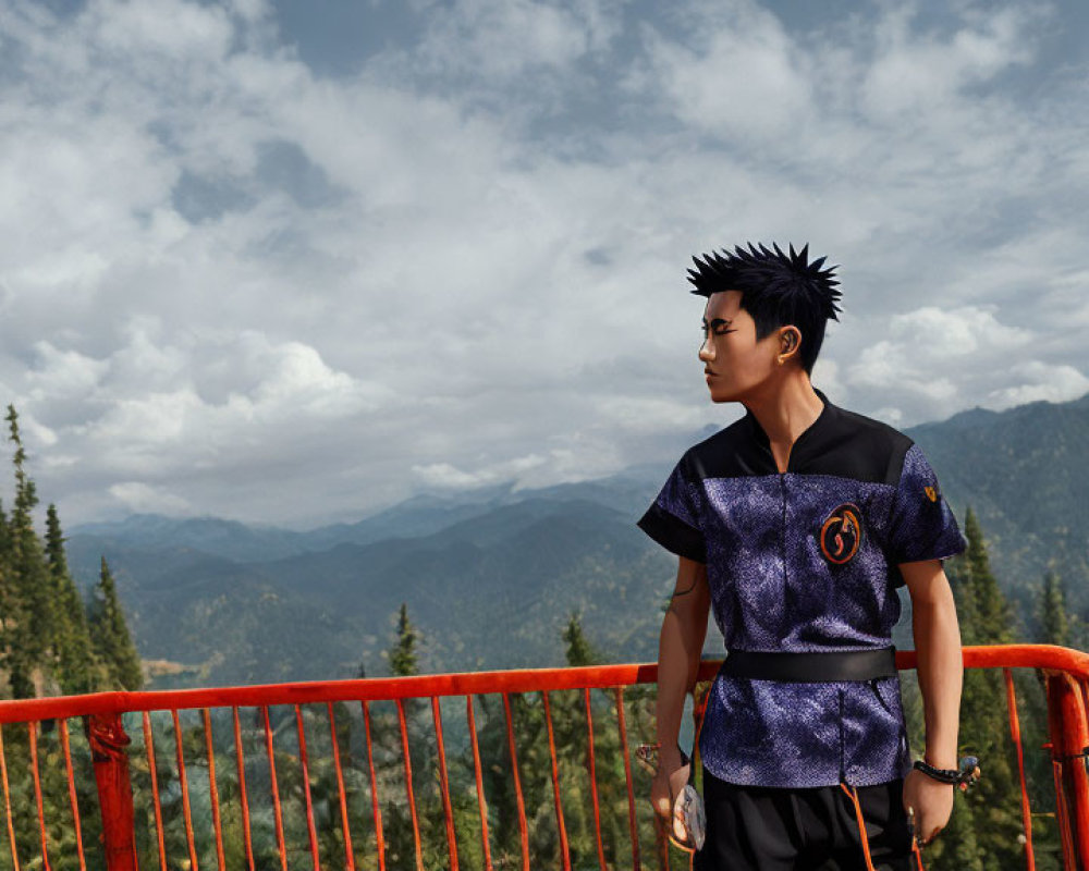 Digital illustration: Boy in traditional attire on orange bridge with mountain and forest backdrop