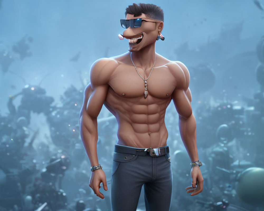 Muscular animated character with dog's head in sunglasses and jeans confidently smirking