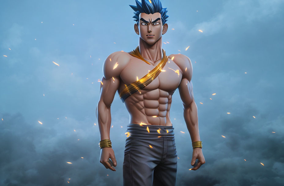 Muscular animated character with blue spiky hair and gold wristbands in cloudy sky.