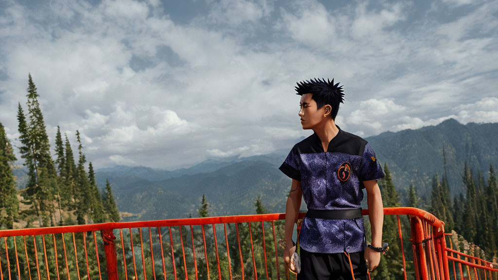 Digital illustration: Boy in traditional attire on orange bridge with mountain and forest backdrop