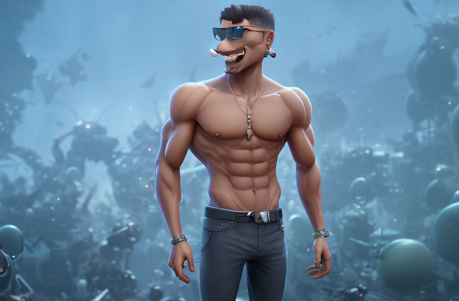 Muscular animated character with dog's head in sunglasses and jeans confidently smirking