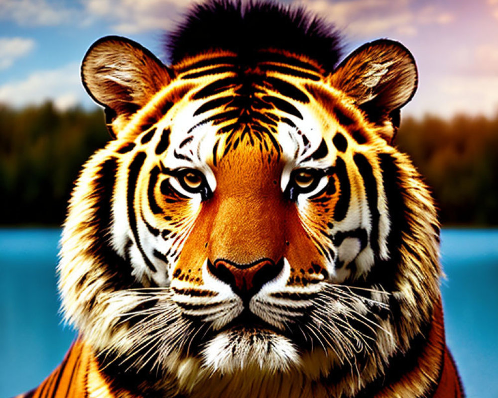 Majestic tiger with orange and black stripes by tranquil blue lake