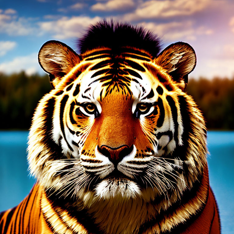 Majestic tiger with orange and black stripes by tranquil blue lake