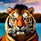 Majestic tiger with orange and black stripes by tranquil blue lake