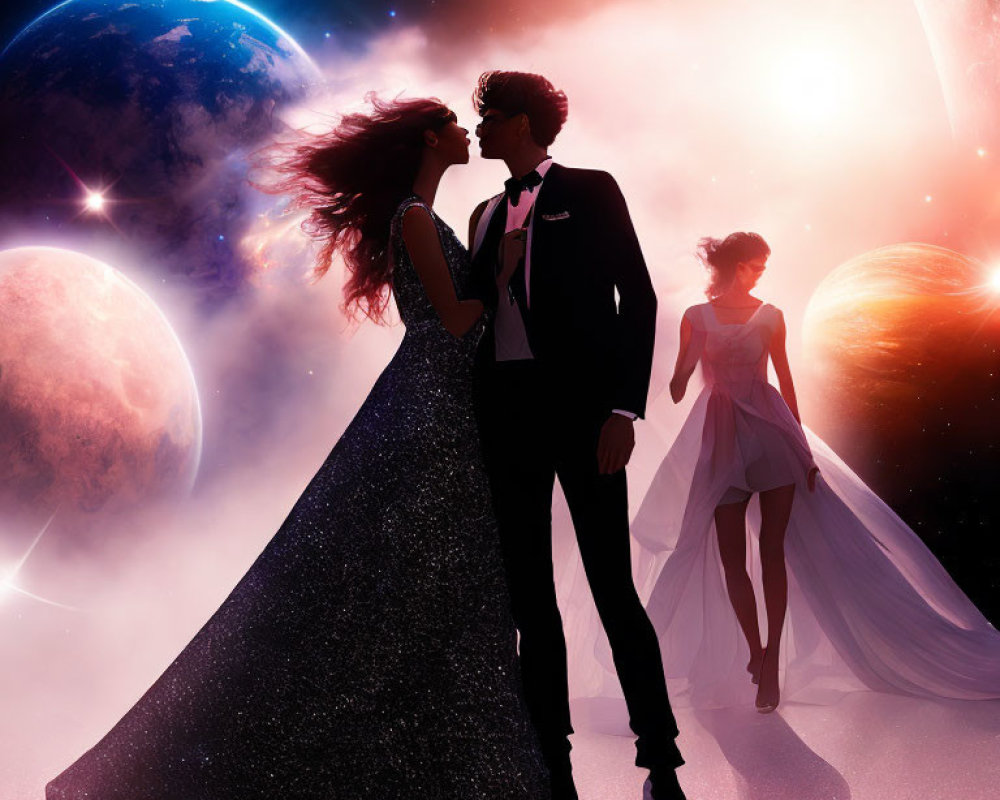 Formal couple in cosmic setting with planets, distant figure walking away