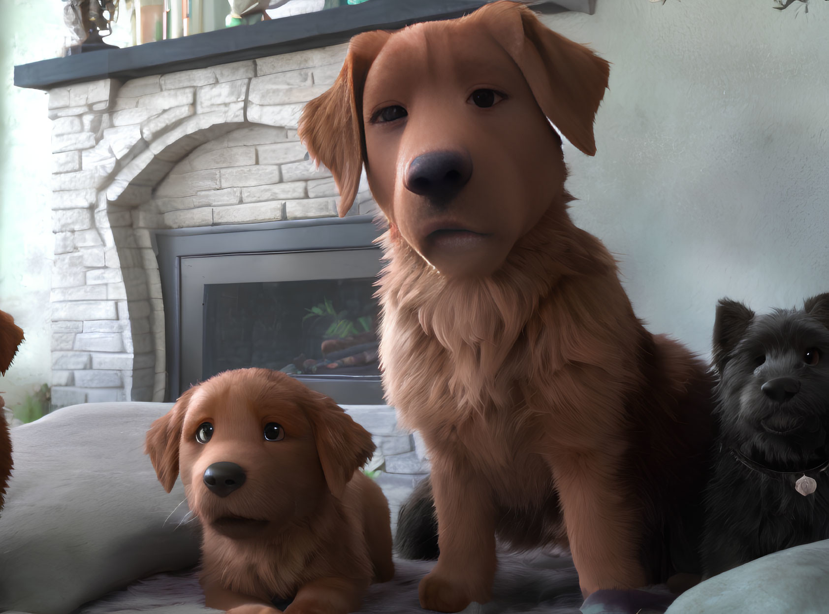 Three animated dogs in a room with fireplace