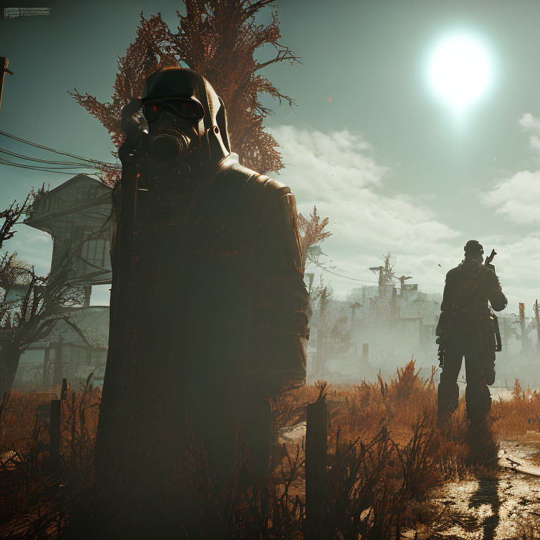 Post-apocalyptic scene: Two soldiers in gas masks amidst ruins under hazy sun