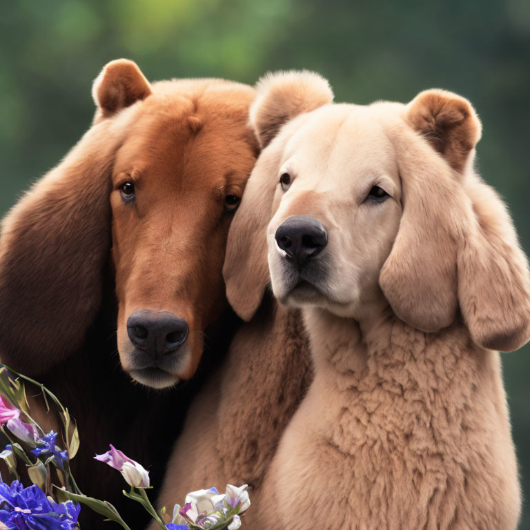 Fluffy bear-like dogs with long ears and soulful eyes among soft-focus flowers