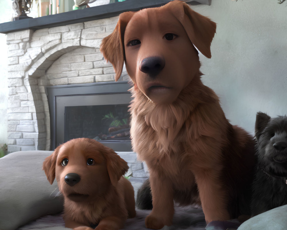 Three animated dogs in a room with fireplace