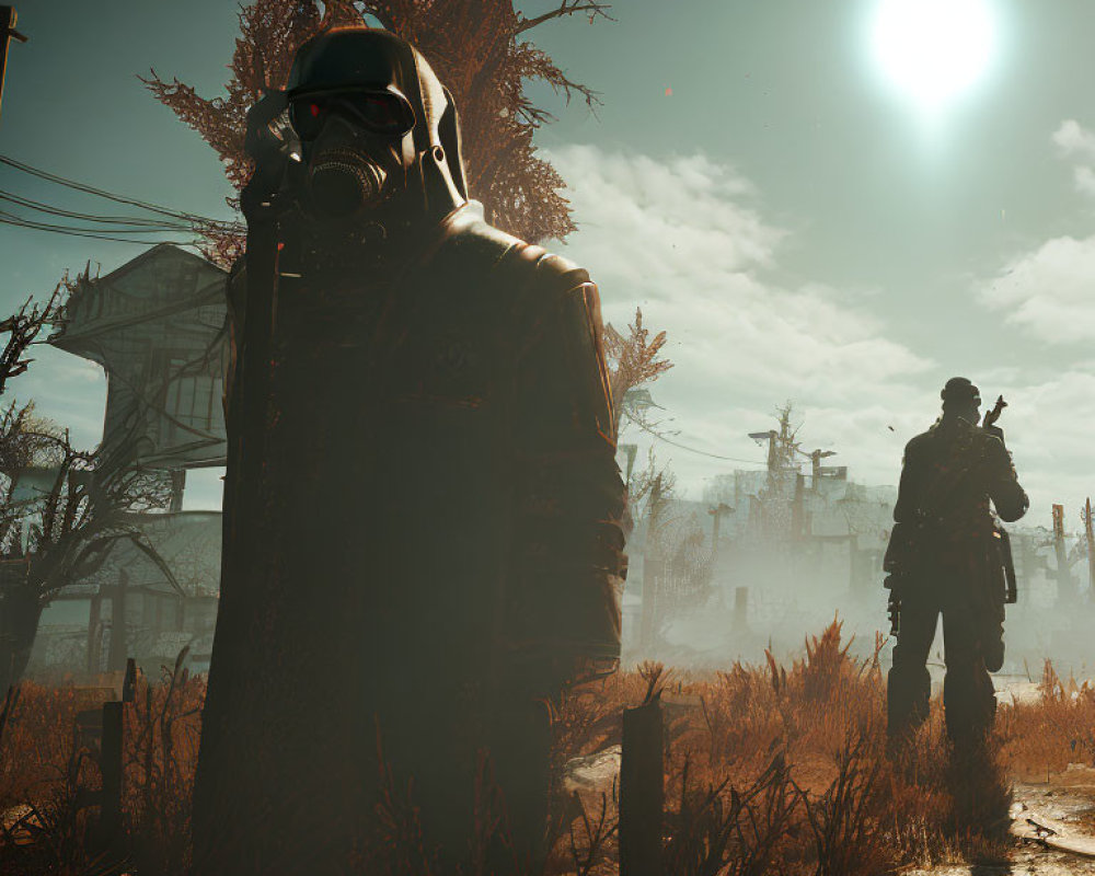 Post-apocalyptic scene: Two soldiers in gas masks amidst ruins under hazy sun