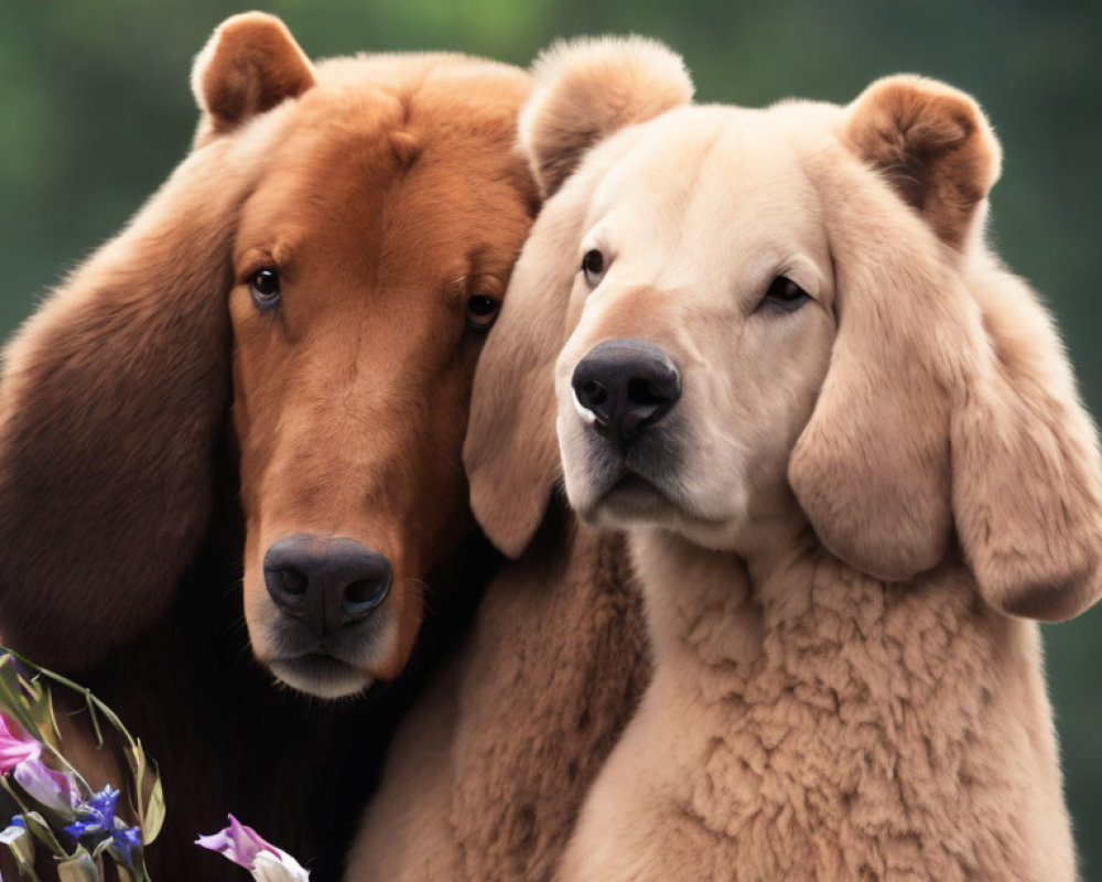 Fluffy bear-like dogs with long ears and soulful eyes among soft-focus flowers