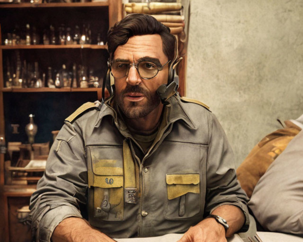 Vintage military uniform man at desk with headphones and old-time radio operator vibe.