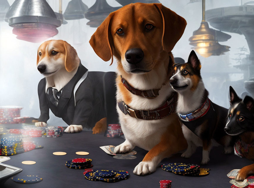 Three Dogs Playing Poker at Table with Chips and Cards