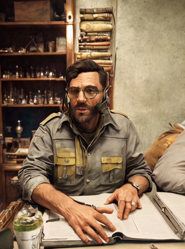 Vintage military uniform man at desk with headphones and old-time radio operator vibe.