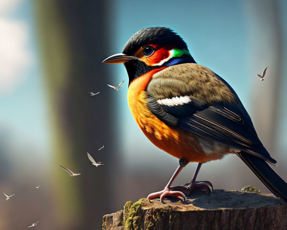 Vibrant bird on stump with flies in soft sunlight