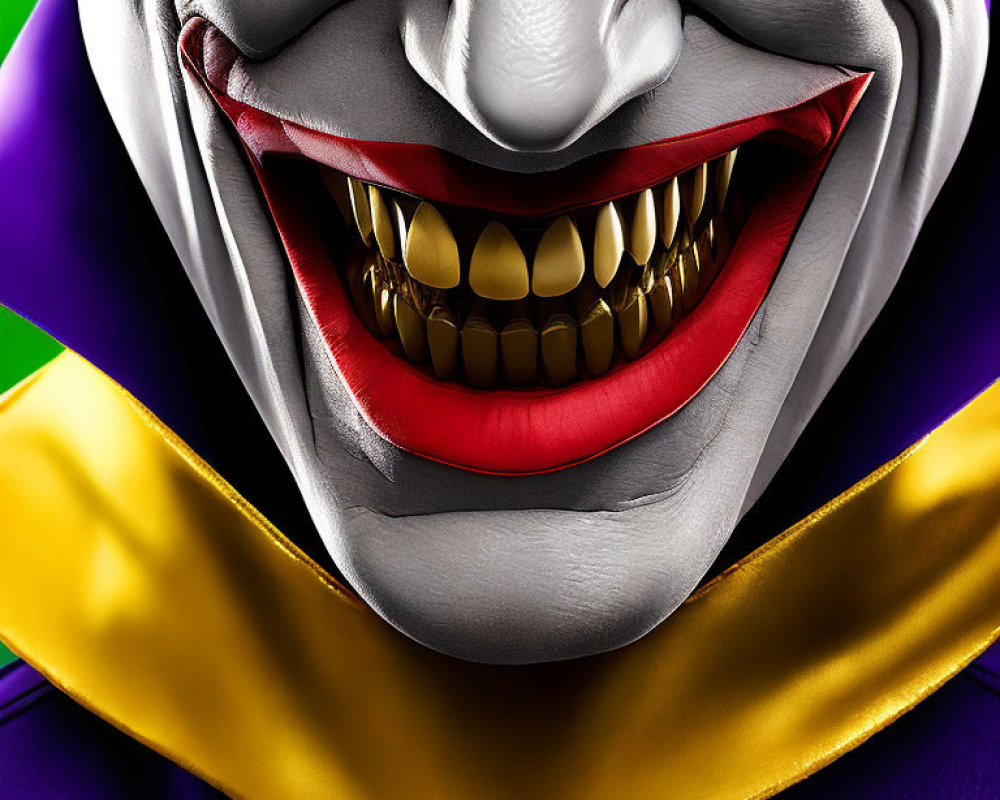 Detailed Close-up of Joker's Metallic Gold Teeth in Purple and Green Outfit