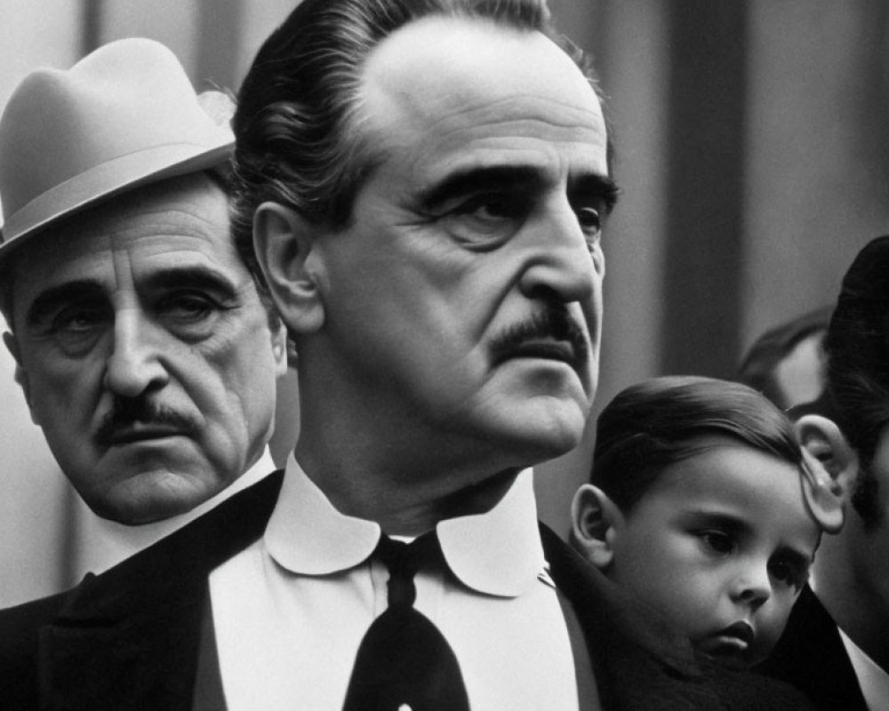 Vintage black and white film still with two men and a boy in formal attire capturing a serious mood
