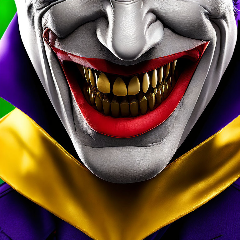 Detailed Close-up of Joker's Metallic Gold Teeth in Purple and Green Outfit