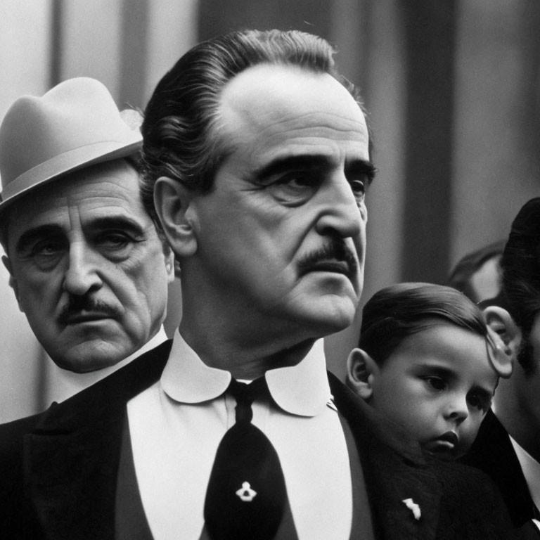 Vintage black and white film still with two men and a boy in formal attire capturing a serious mood