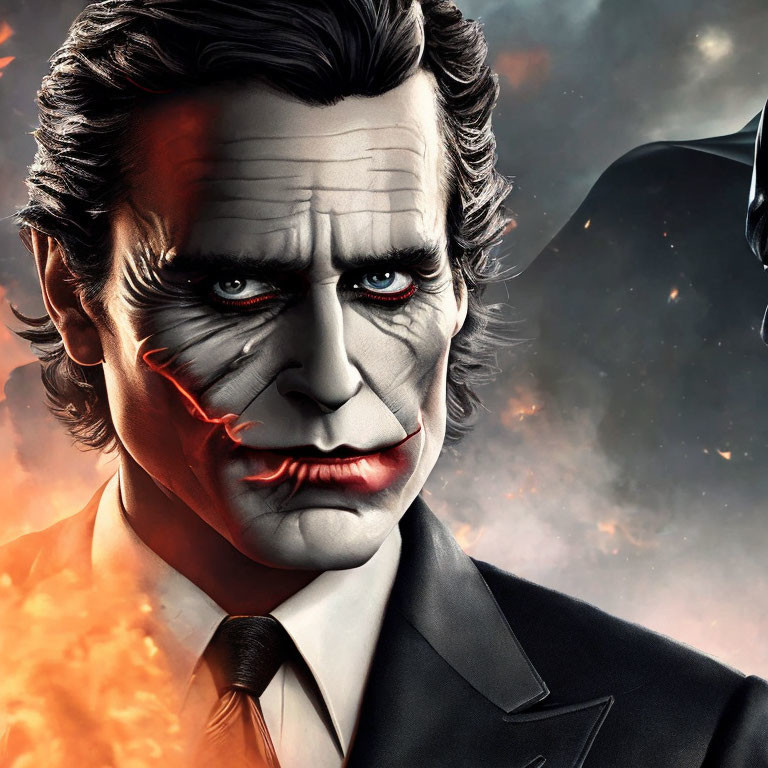Male character with clown makeup and dark suit on fiery background