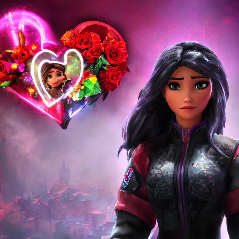 Purple-haired animated female character in futuristic outfit with heart-shaped wreath.