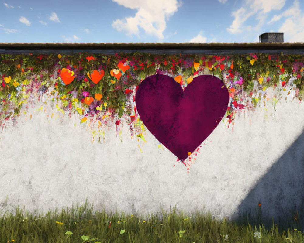 Colorful purple heart mural with flowers and vines under blue sky