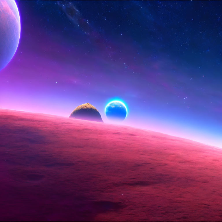 Colorful cosmic scene: purple planet, distant moon, and glowing orb in starry sky