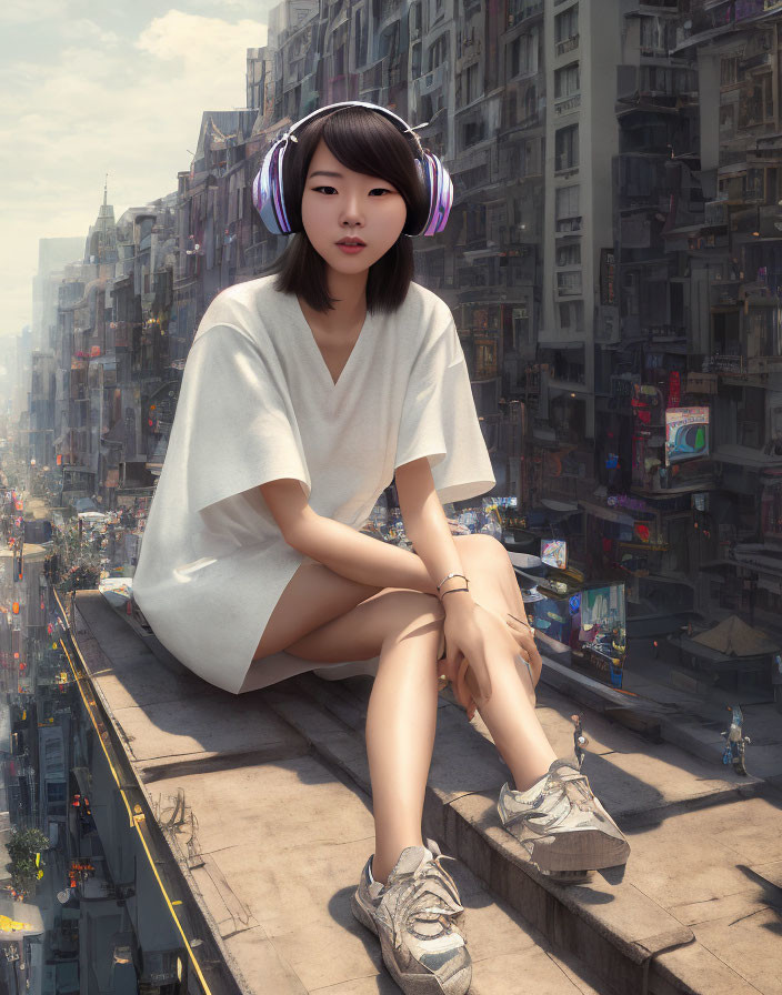 Young woman with headphones overlooking urban street scene