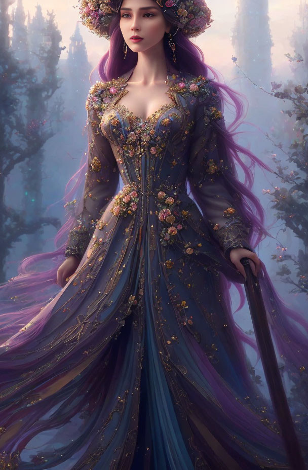 Detailed illustration: Woman with long purple hair in floral gown in misty forest