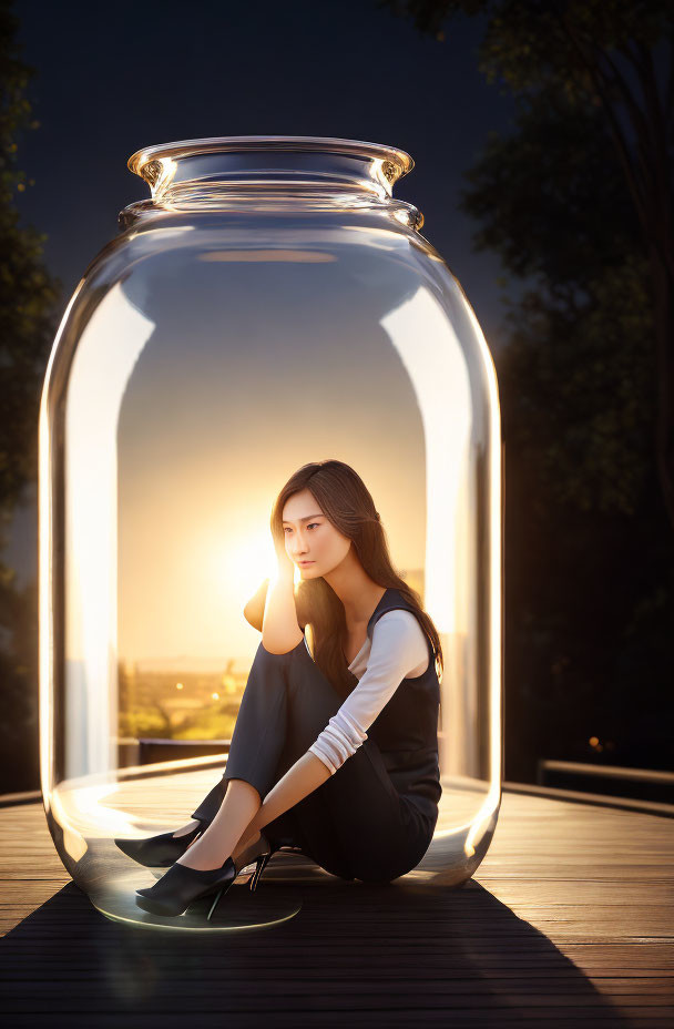 Woman sitting in giant glass jar at sunset on wooden deck