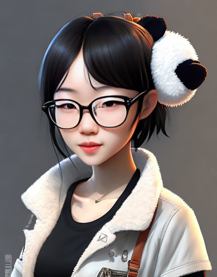 Digital Artwork: Girl with Panda-Ear Headwear and Big Glasses