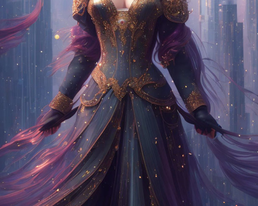 Regal woman in flowing golden dress against futuristic cityscape