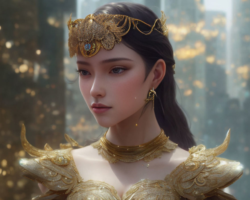 Digital artwork of woman with ornate golden crown and jewelry against blurred background