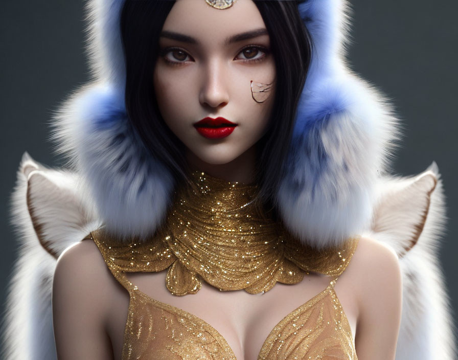 Digital artwork of woman with wolf-like ears, fur-trimmed attire, striking makeup, and golden