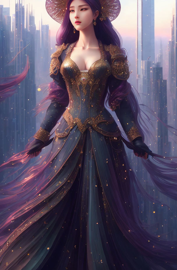 Regal woman in flowing golden dress against futuristic cityscape