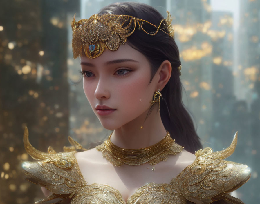 Digital artwork of woman with ornate golden crown and jewelry against blurred background