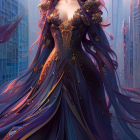 Regal woman in flowing golden dress against futuristic cityscape