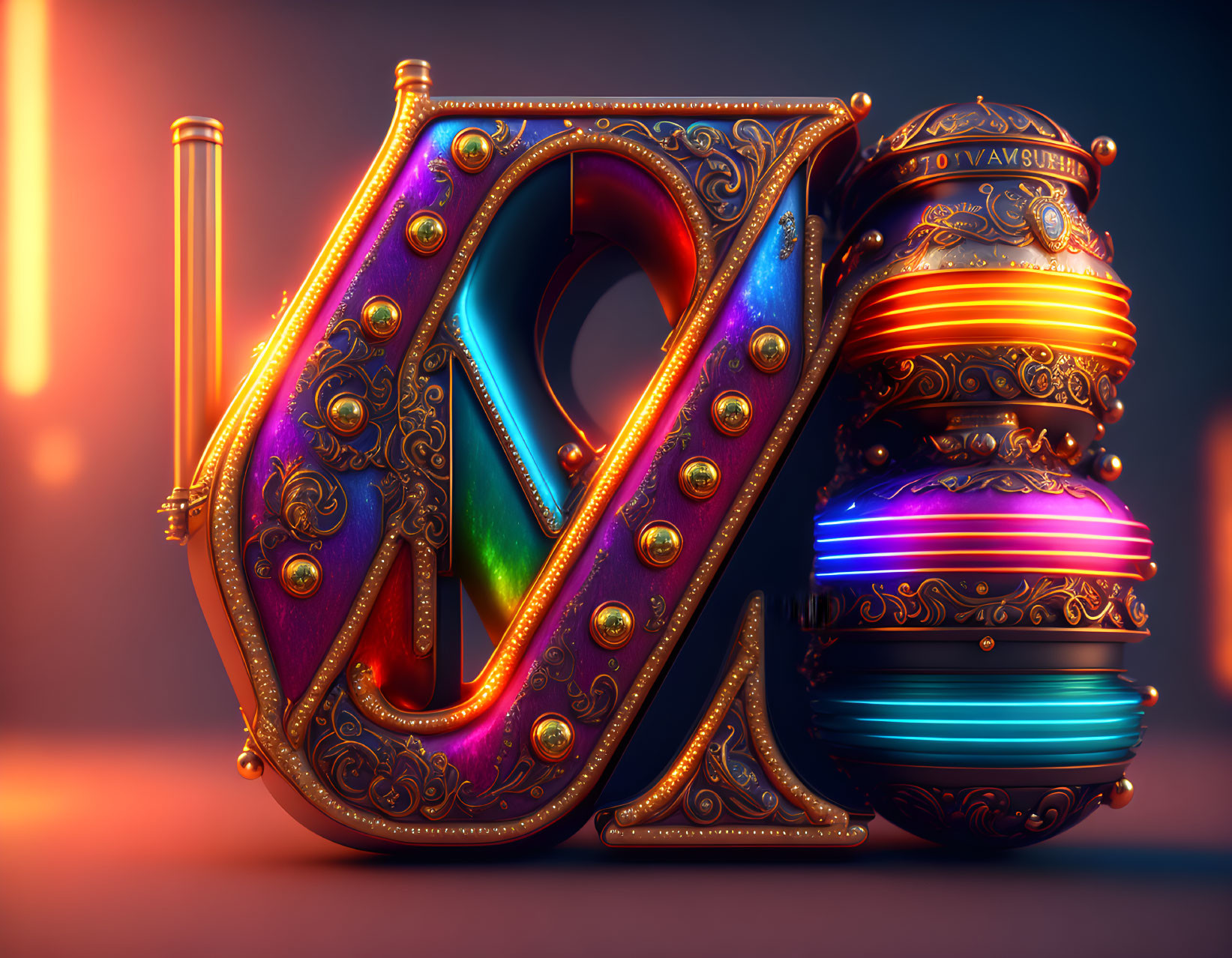 Intricate golden designs on 3D letter 'N' with glowing orb and swirl patterns